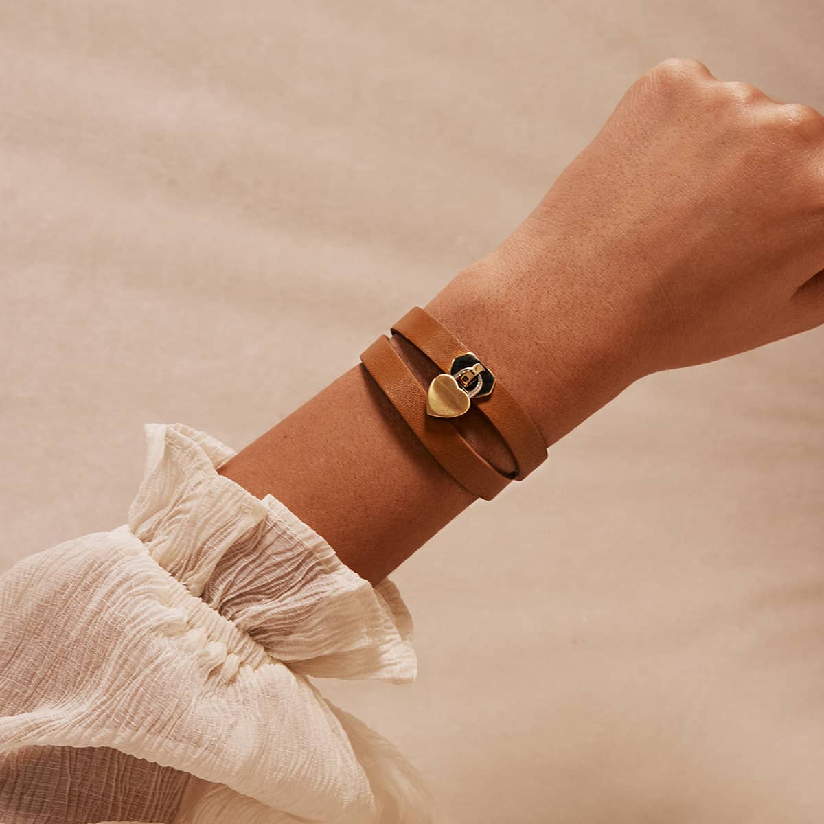 Double Leather Heartlock Bracelet Tan