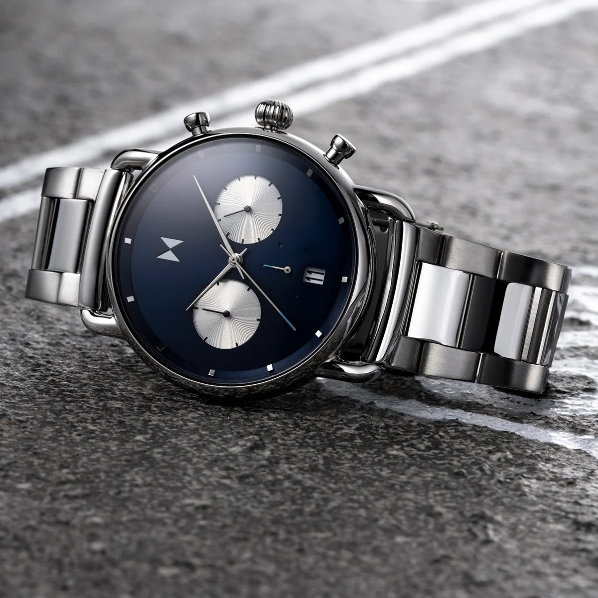 Blacktop II watch with stainless steel bracelet and blue dial with two silver sub dials.