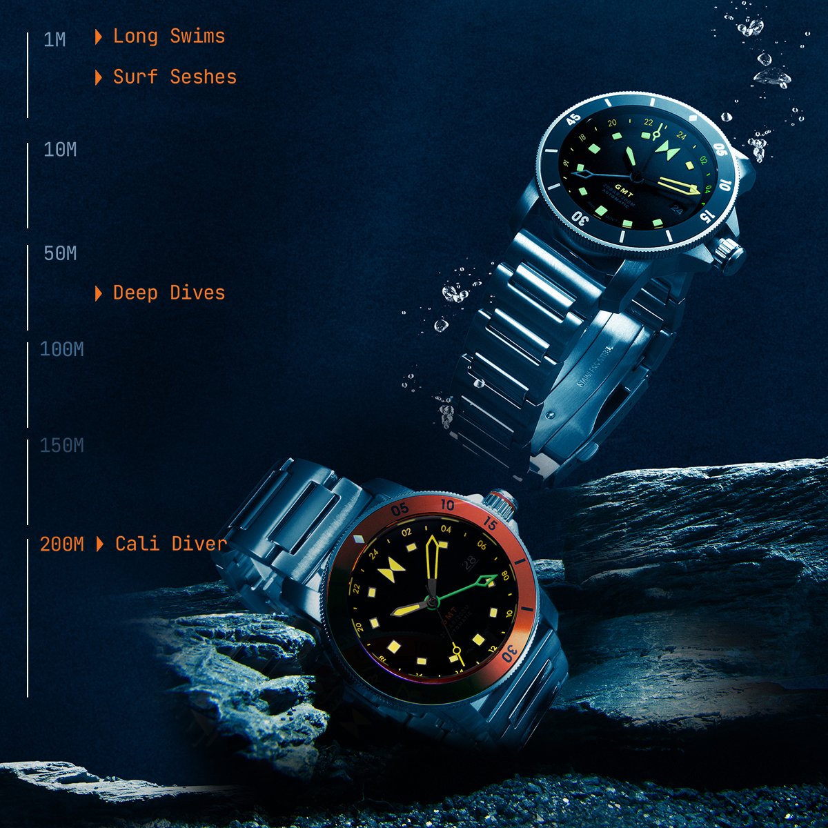 Cali Diver Solar watches in water with a dive certified meter on the left.