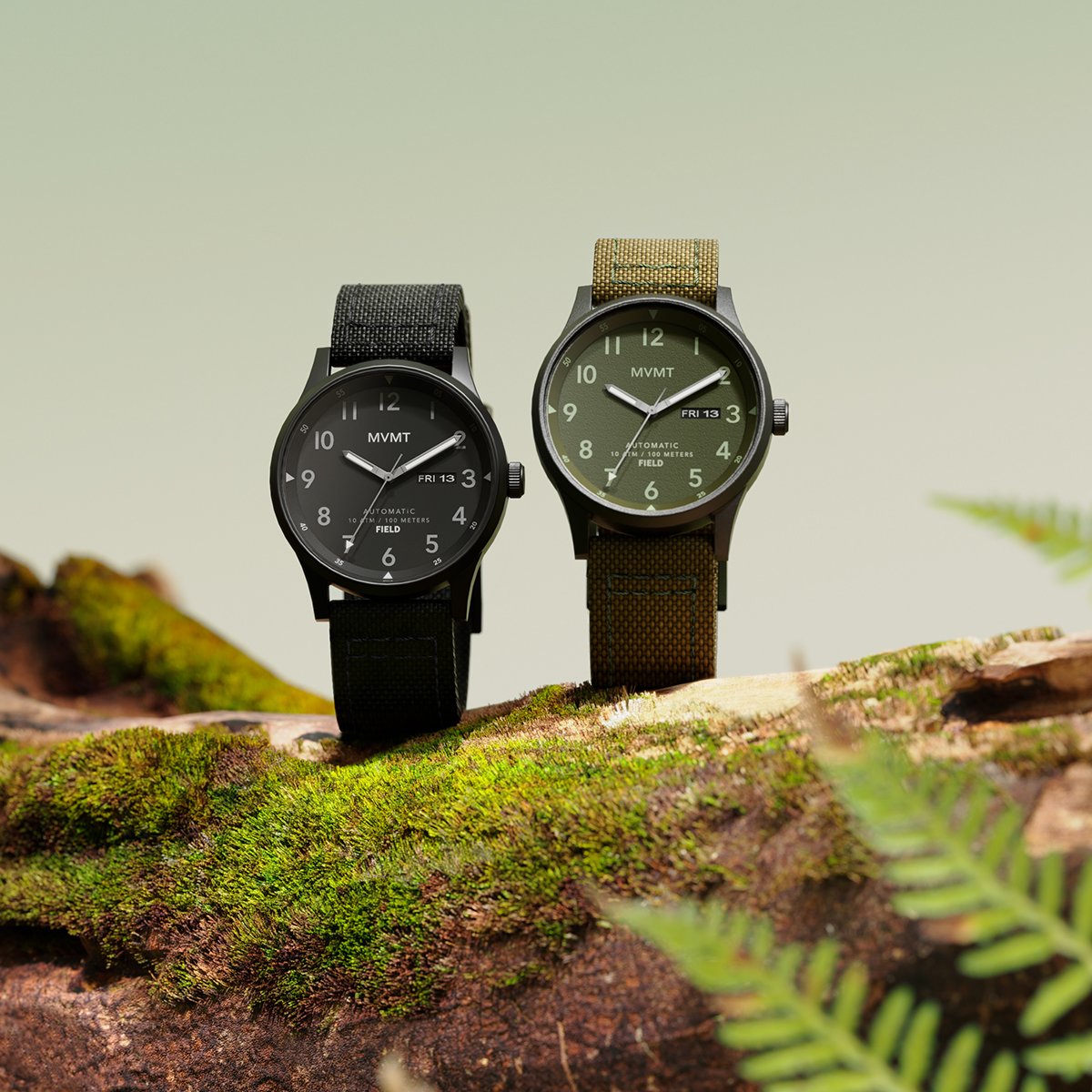 Features the Field Automatic men's watches with a green and black strap
