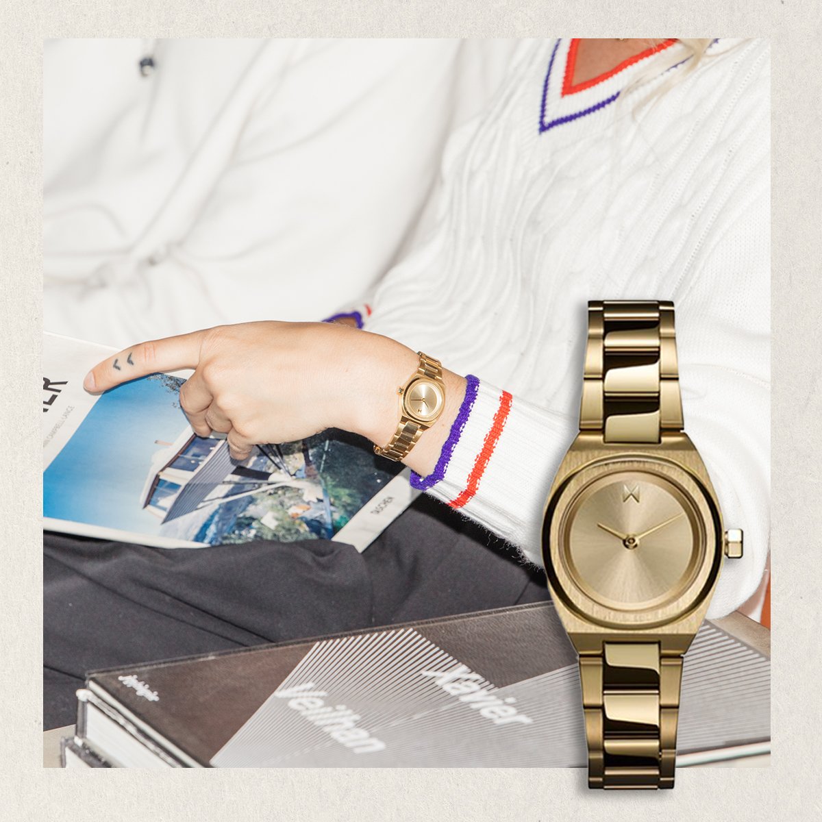Gold-tone Odyssey II bracelet watch shown enlarged beside a lifestyle photo of the watch worn with a white striped-cuff sweater.