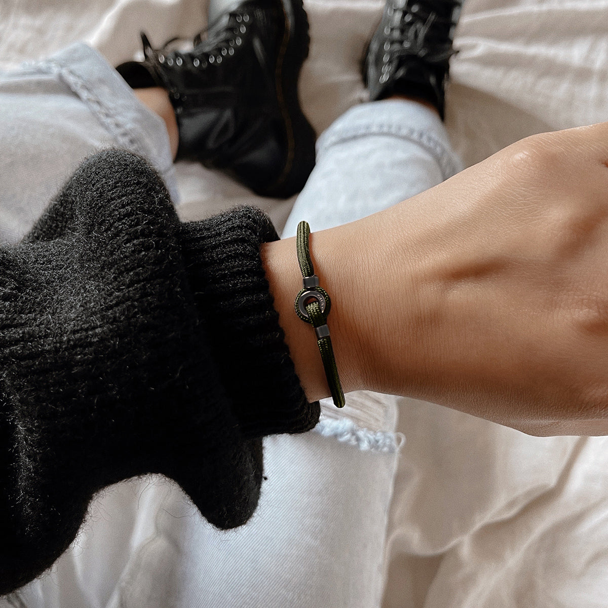 Upcycled Rope Bracelet Green + Gunmetal