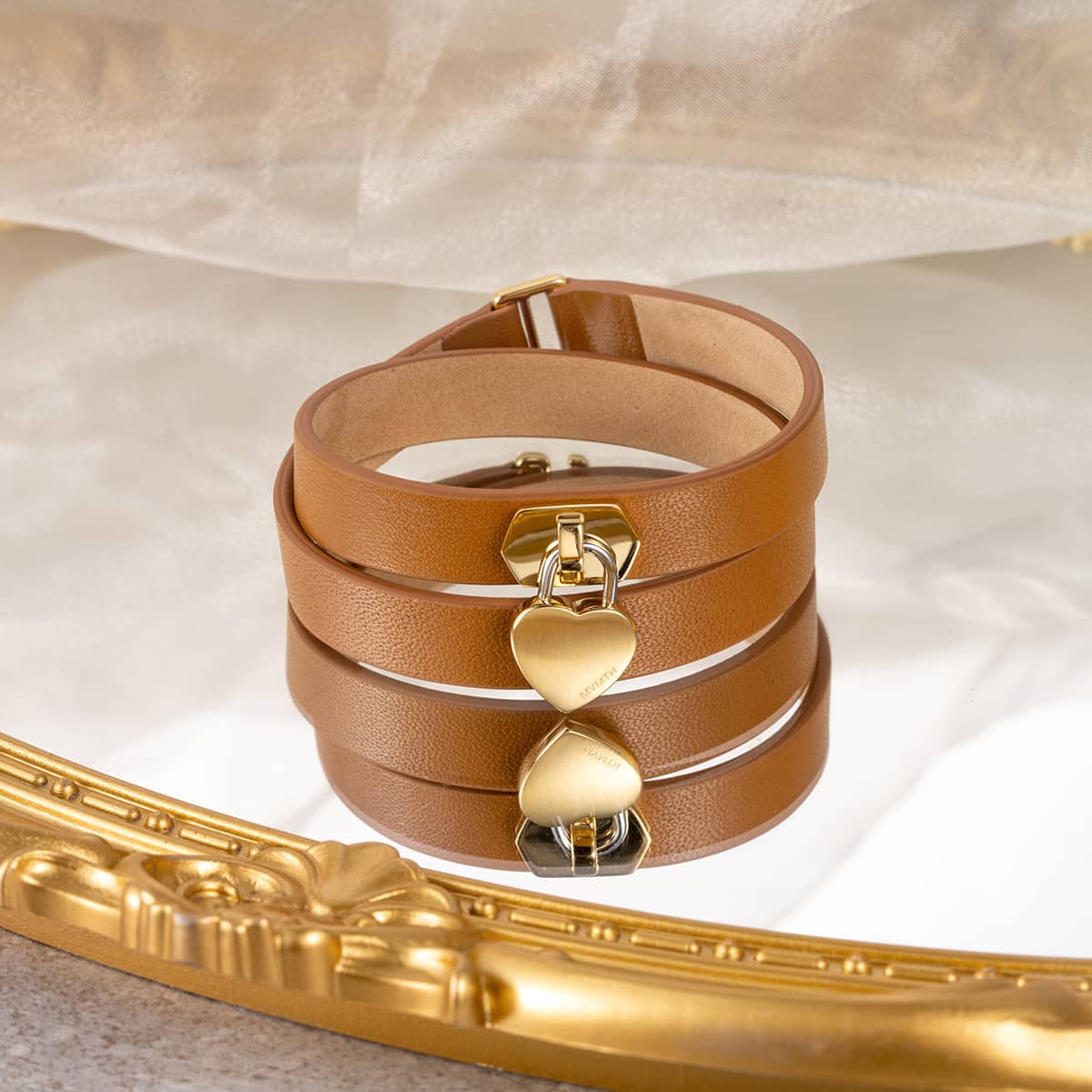 Double Leather Heartlock Bracelet Tan