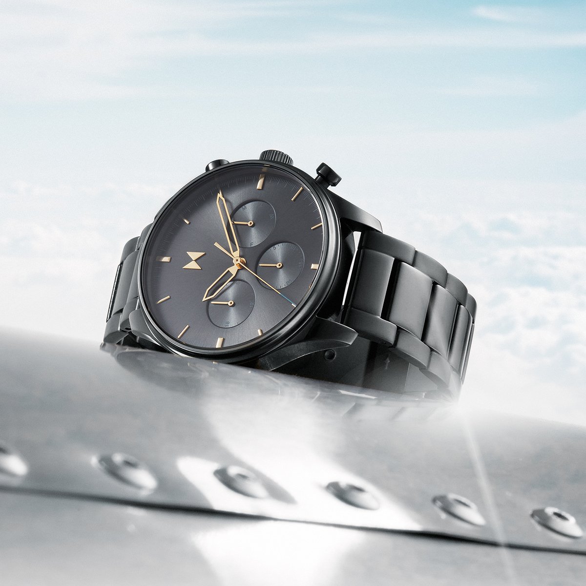 Black plated Airhawk bracelet watch with chronograph dial.