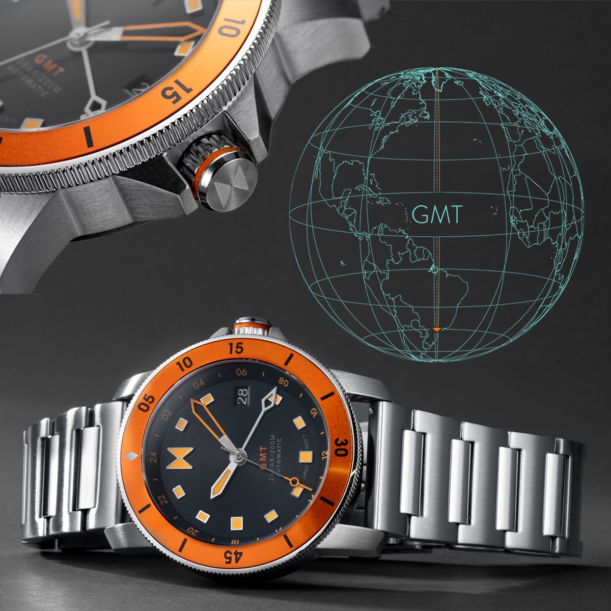 Cali Diver stainless steel bracelet watch with black dial and orange minute track. There is a graphic of a globe above the watch.