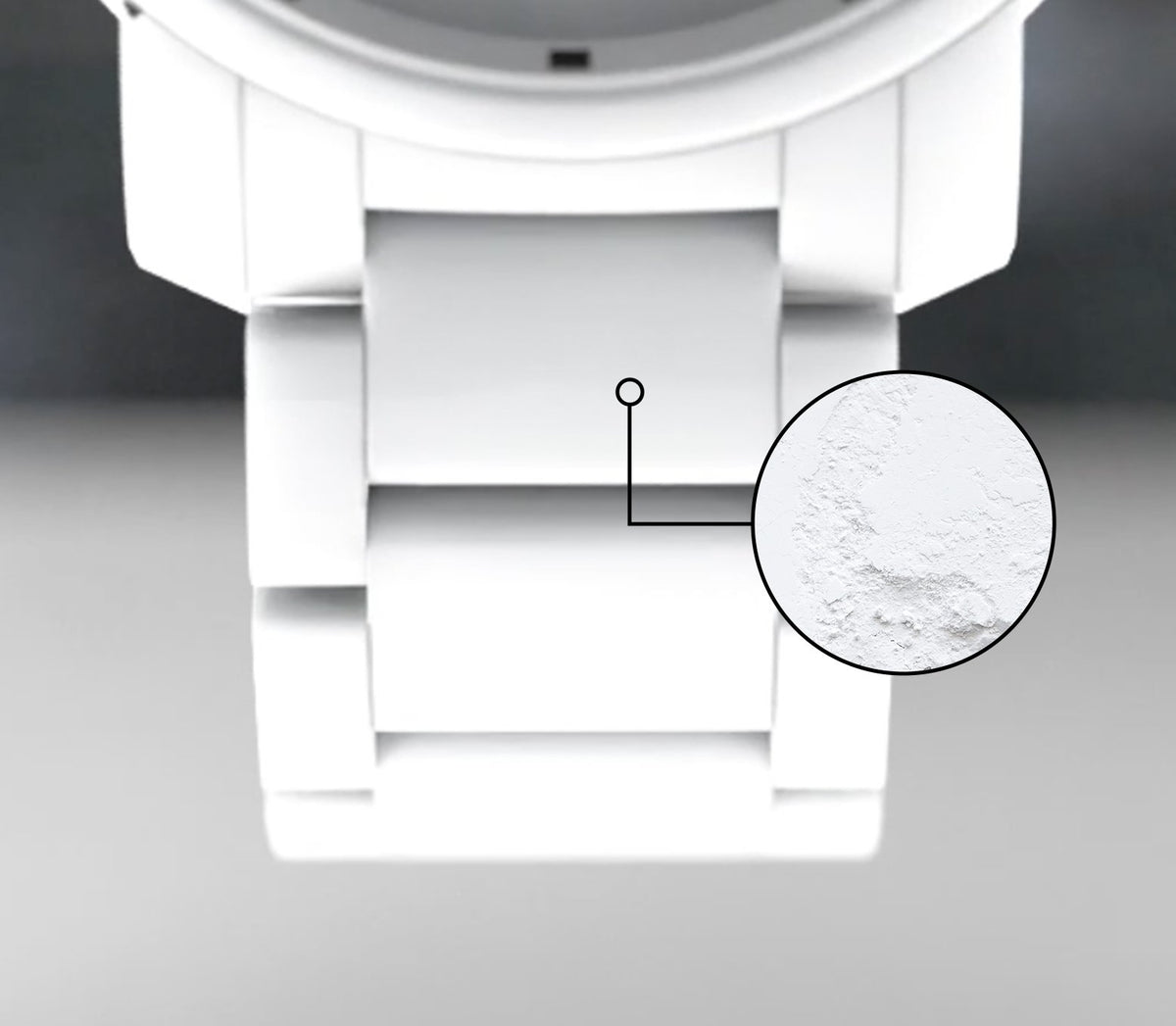 White ceramic watch bracelet with close up of ceramic material